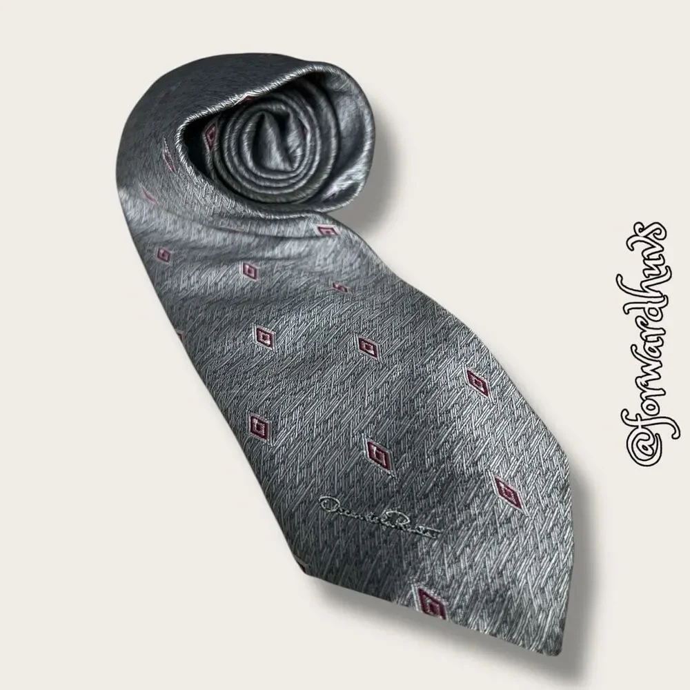 Oscar de la Renta Vintage Shiny Silver Necktie with Red Highlights
